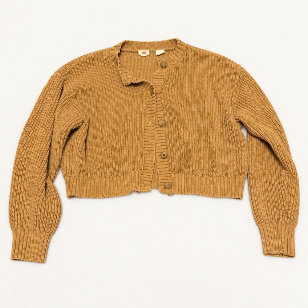 Levis Womens Camel Brown Rib Knit Cropped Cardigan Sweater Large A3235-0001